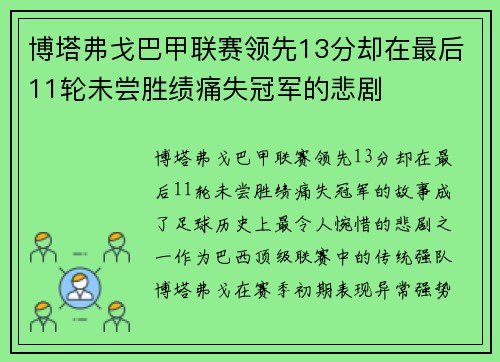 博塔弗戈巴甲联赛领先13分却在最后11轮未尝胜绩痛失冠军的悲剧 博塔弗戈巴甲联赛领先13分却在最后11轮未尝胜绩痛失冠军的悲剧