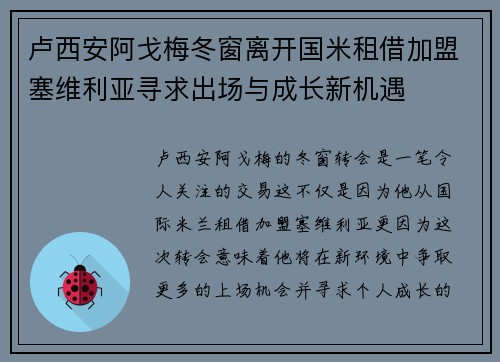 卢西安阿戈梅冬窗离开国米租借加盟塞维利亚寻求出场与成长新机遇 卢西安阿戈梅冬窗离开国米租借加盟塞维利亚寻求出场与成长新机遇