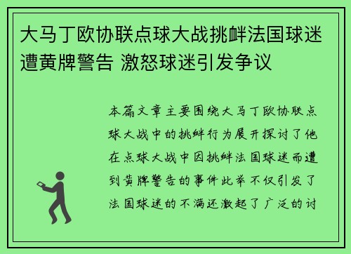 大马丁欧协联点球大战挑衅法国球迷遭黄牌警告 激怒球迷引发争议